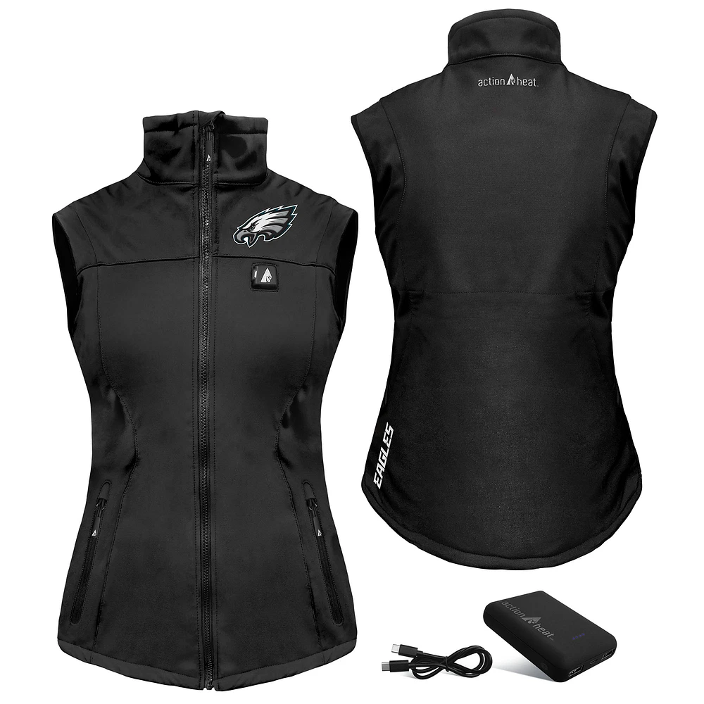 Women's ActionHeat Black Philadelphia Eagles 5V Softshell Battery Heated Full-Zip Vest
