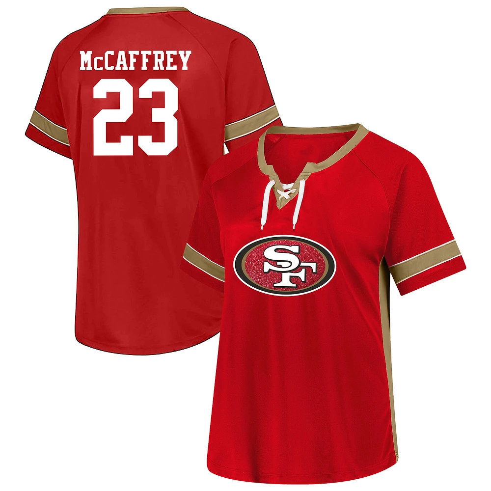 Women's Fanatics Christian McCaffrey Scarlet San Francisco 49ers Plus Name & Number Lace-Up T-Shirt