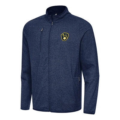 Men's Antigua Heather Navy Milwaukee Brewers Hold-Up Tri-Blend Full-Zip Jacket