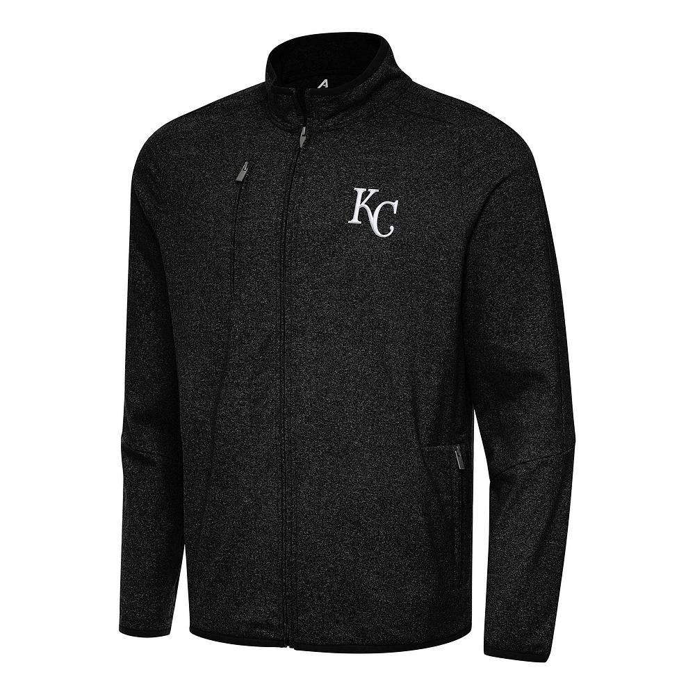 Men's Antigua Heather Black Kansas City Royals Hold-Up Tri-Blend Full-Zip Jacket