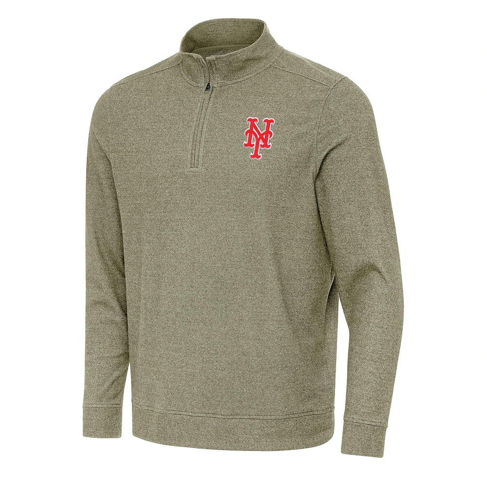 Men's Antigua Heather Olive New York Mets Subtle Quarter-Zip Sweatshirt