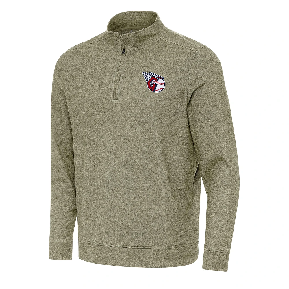 Men's Antigua Heather Olive Cleveland Guardians Subtle Quarter-Zip Sweatshirt