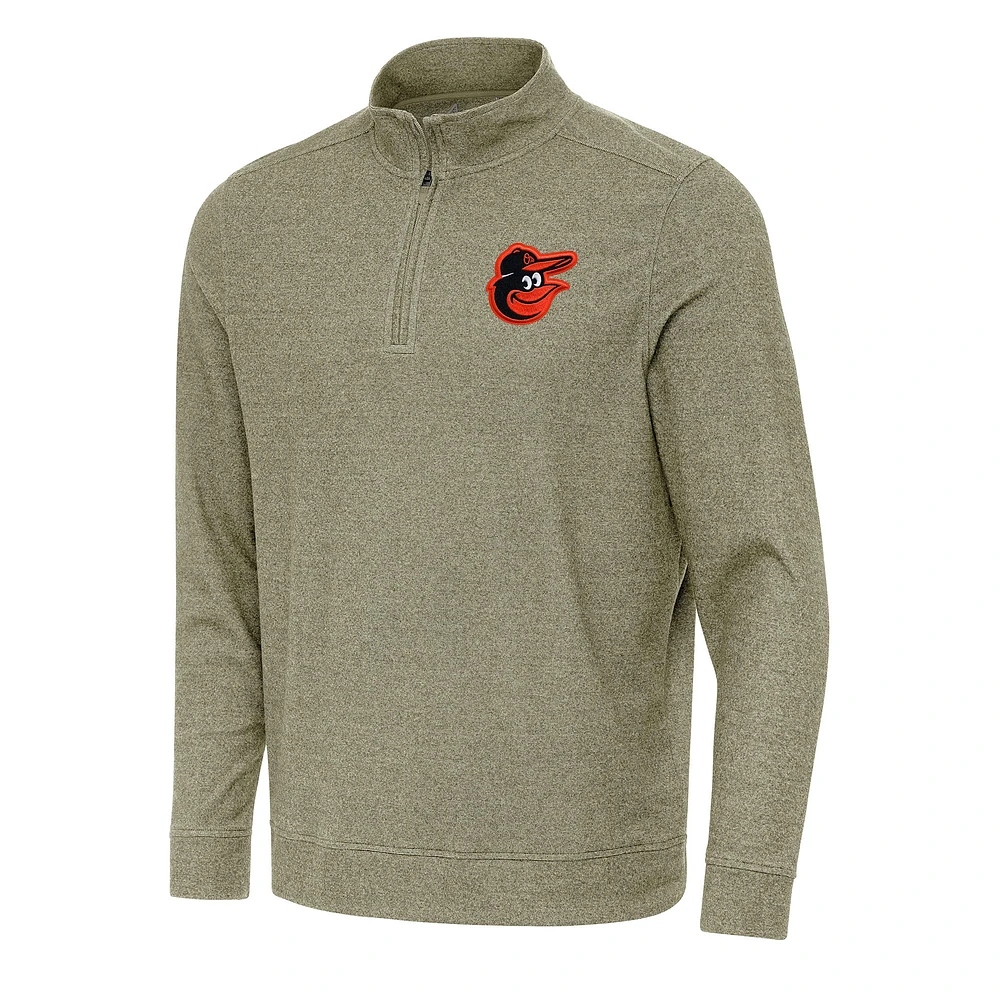 Men's Antigua Heather Olive Baltimore Orioles Subtle Quarter-Zip Sweatshirt