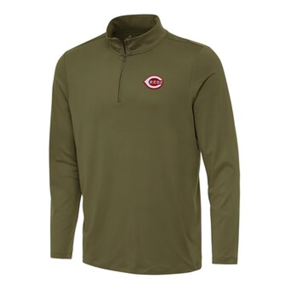 Men's Antigua Olive Cincinnati Reds Reprocess Quarter-Zip Top
