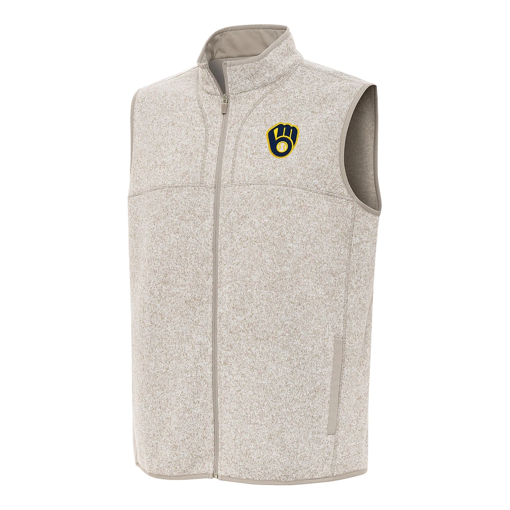 Men's Antigua Oatmeal Milwaukee Brewers Fortune Full-Zip Vest