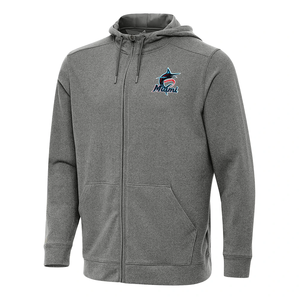 Men's Antigua Heather Black Miami Marlins Effortless Full-Zip Hooded Jacket