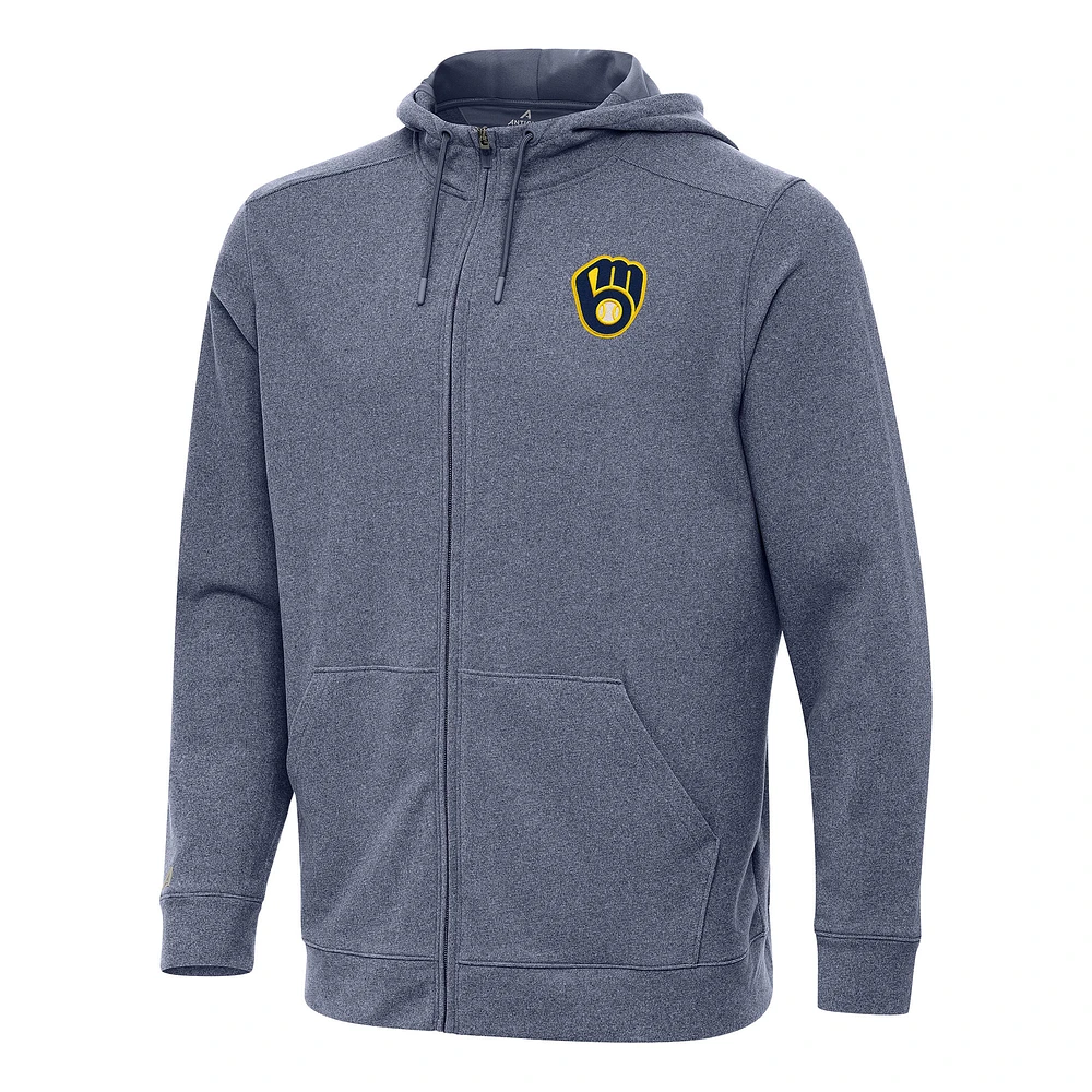 Men's Antigua Heather Navy Milwaukee Brewers Effortless Full-Zip Hooded Jacket