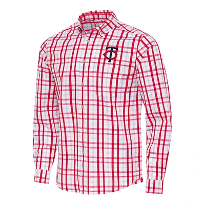 Men's Antigua Red/White Minnesota Twins Tending Woven Tri-Blend Long Sleeve Button-Down Shirt
