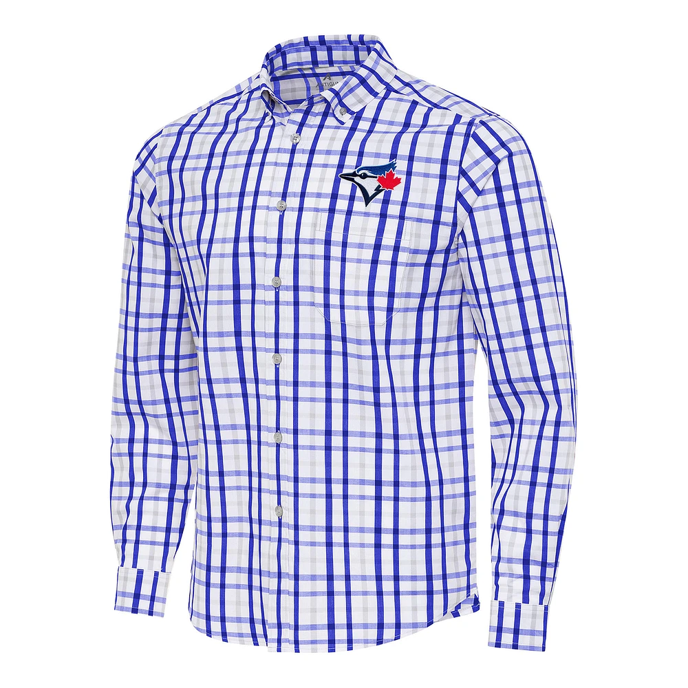 Men's Antigua Royal/White Toronto Blue Jays Tending Woven Tri-Blend Long Sleeve Button-Down Shirt
