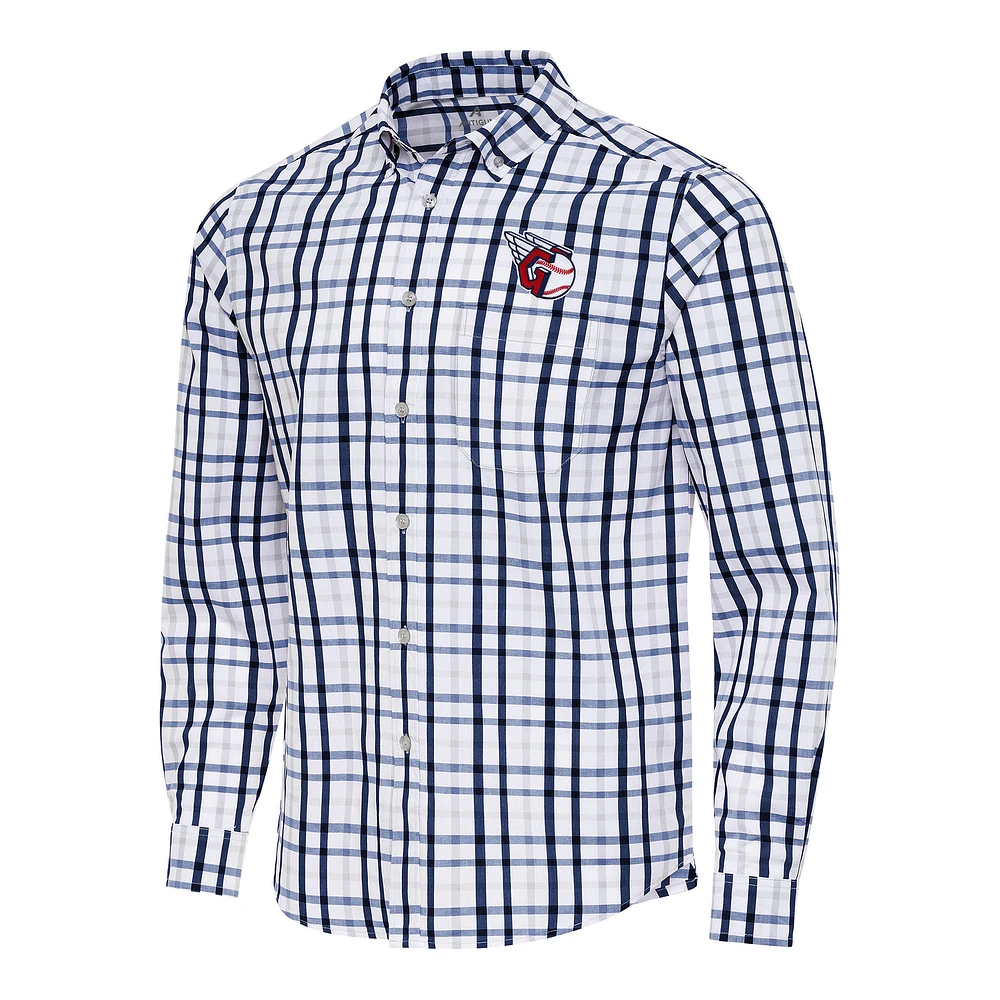 Men's Antigua Navy/White Cleveland Guardians Tending Woven Tri-Blend Long Sleeve Button-Down Shirt