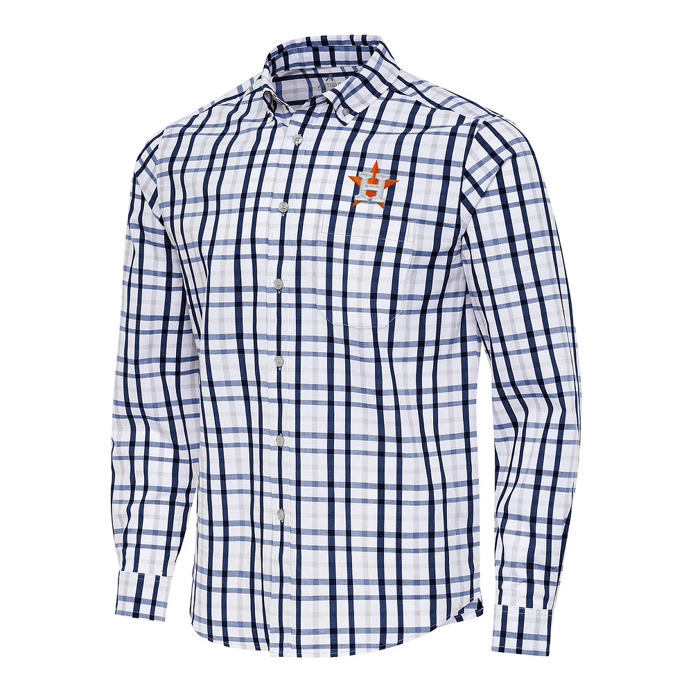 Men's Antigua Navy/White Houston Astros Tending Woven Tri-Blend Long Sleeve Button-Down Shirt