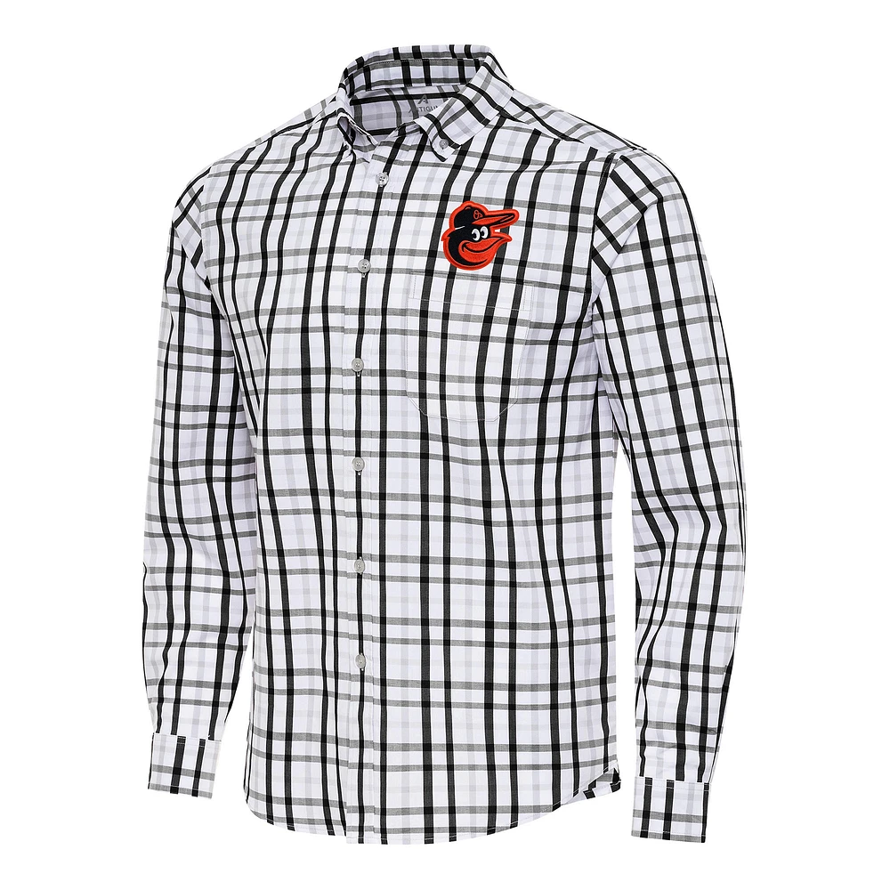 Men's Antigua Black/White Baltimore Orioles Tending Woven Tri-Blend Long Sleeve Button-Down Shirt