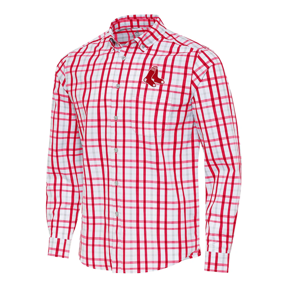 Men's Antigua Red/Gray Boston Red Sox Tending Woven Tri-Blend Long Sleeve Button-Down Shirt