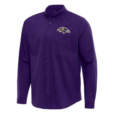 Men's Antigua Purple Baltimore Ravens Flight Woven Tri-Blend Long Sleeve Button-Down Shirt