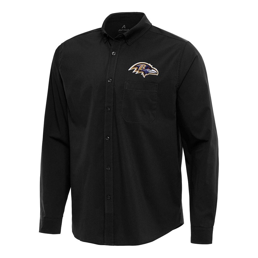 Men's Antigua Black Baltimore Ravens Flight Woven Tri-Blend Long Sleeve Button-Down Shirt