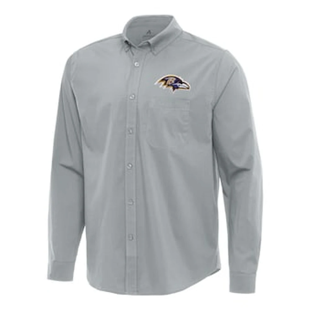 Men's Antigua Gray Baltimore Ravens Flight Woven Tri-Blend Long Sleeve Button-Down Shirt