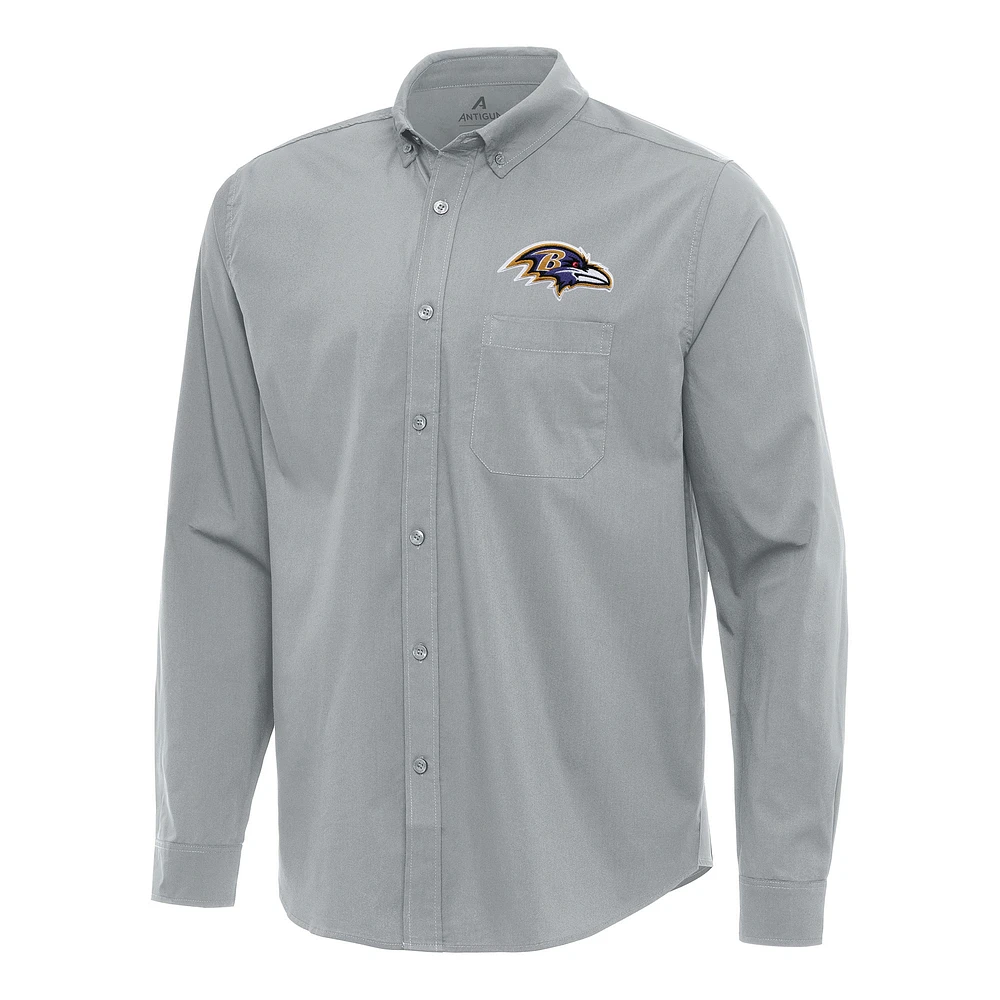 Men's Antigua Gray Baltimore Ravens Flight Woven Tri-Blend Long Sleeve Button-Down Shirt
