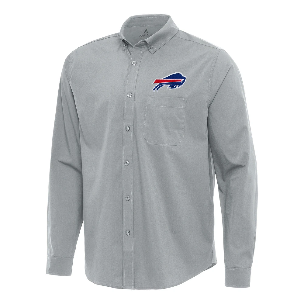 Men's Antigua Gray Buffalo Bills Flight Woven Tri-Blend Long Sleeve Button-Down Shirt