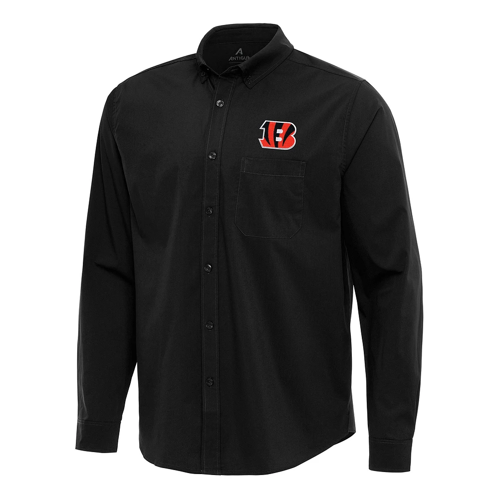 Men's Antigua Black Cincinnati Bengals Flight Woven Tri-Blend Long Sleeve Button-Down Shirt