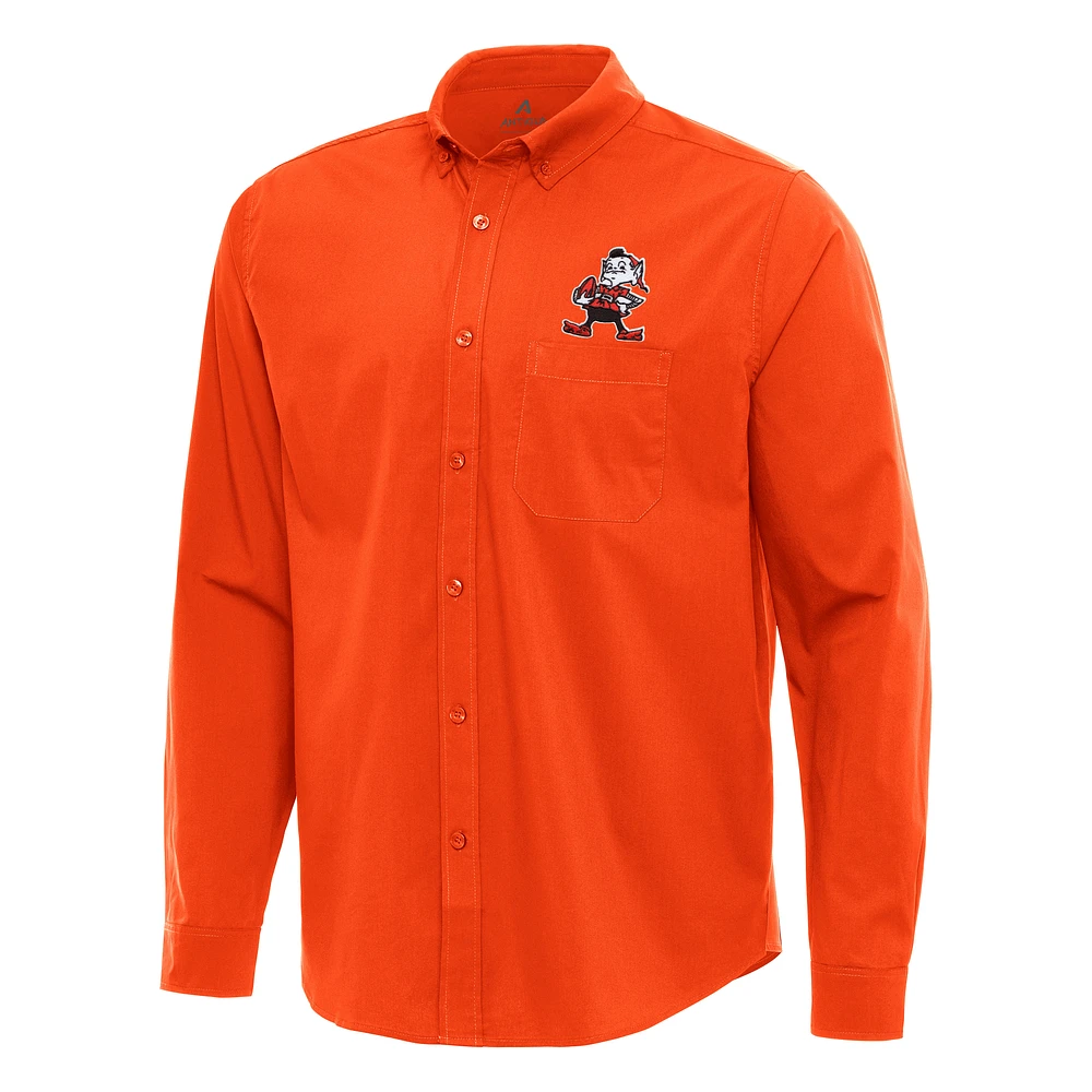 Men's Antigua Orange Cleveland Browns Flight Woven Tri-Blend Long Sleeve Button-Down Shirt