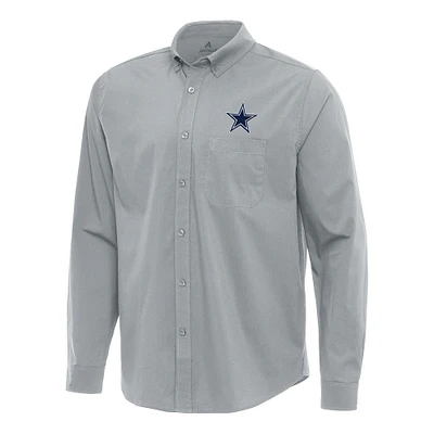Men's Antigua Gray Dallas Cowboys Flight Woven Tri-Blend Long Sleeve Button-Down Shirt