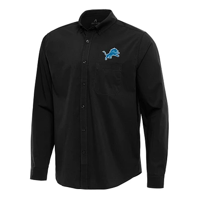 Men's Antigua Black Detroit Lions Flight Woven Tri-Blend Long Sleeve Button-Down Shirt