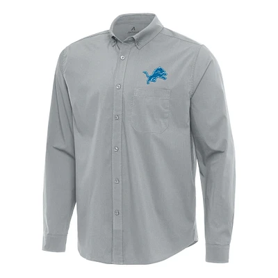 Men's Antigua Gray Detroit Lions Flight Woven Tri-Blend Long Sleeve Button-Down Shirt