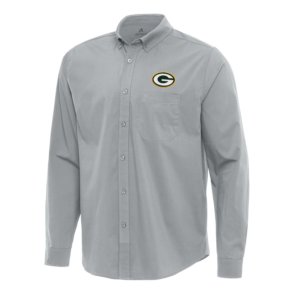 Men's Antigua Gray Green Bay Packers Flight Woven Tri-Blend Long Sleeve Button-Down Shirt