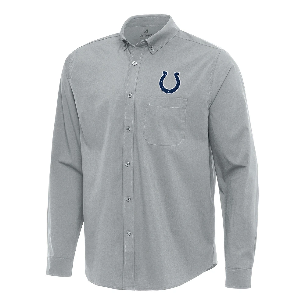 Men's Antigua Gray Indianapolis Colts Flight Woven Tri-Blend Long Sleeve Button-Down Shirt