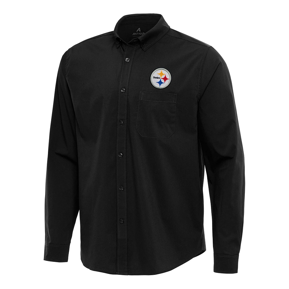 Men's Antigua Black Pittsburgh Steelers Flight Woven Tri-Blend Long Sleeve Button-Down Shirt
