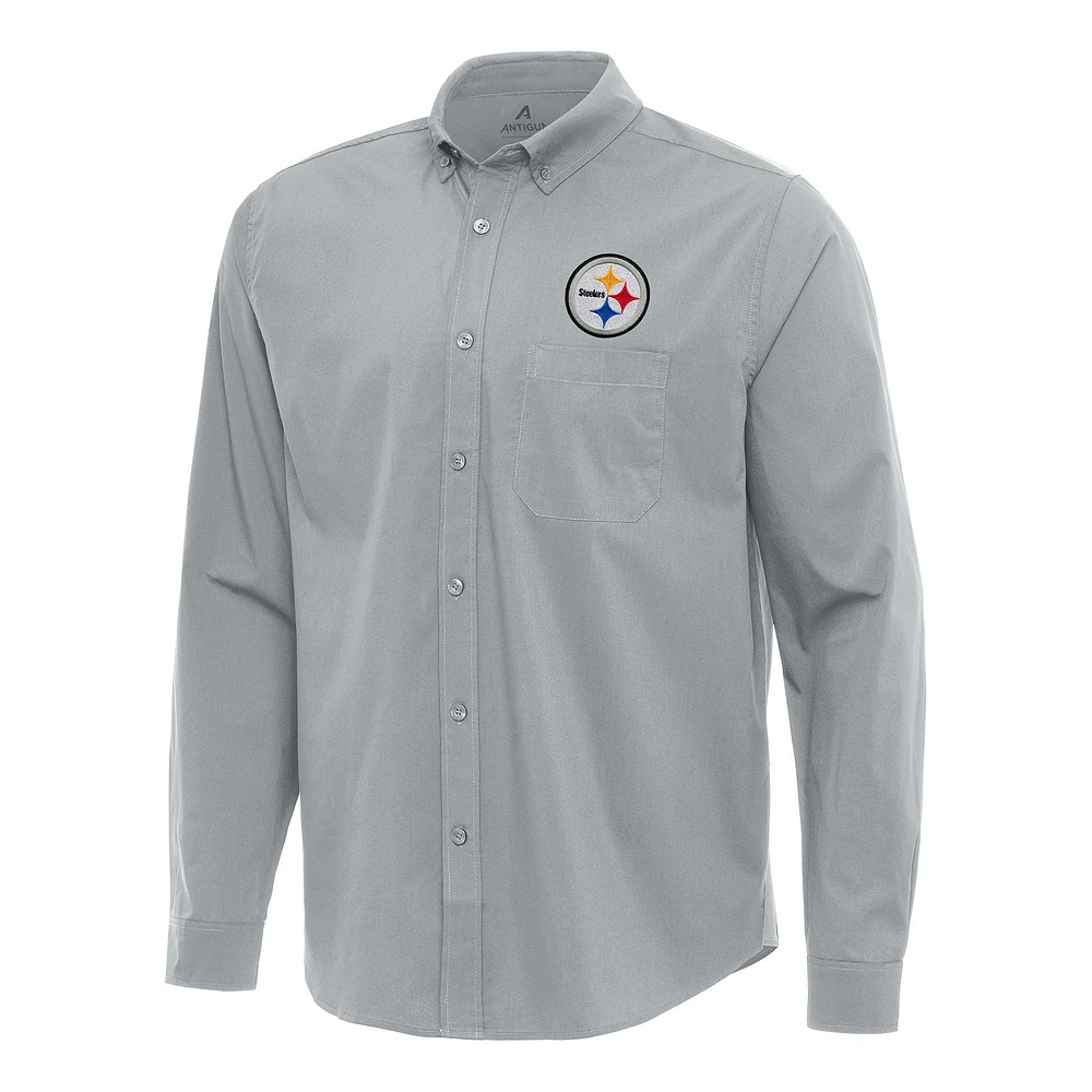 Men's Antigua Gray Pittsburgh Steelers Flight Woven Tri-Blend Long Sleeve Button-Down Shirt