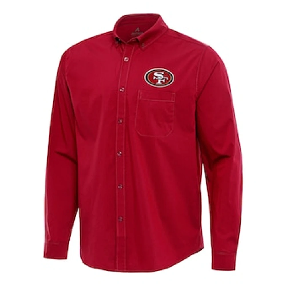 Men's Antigua Scarlet San Francisco 49ers Flight Woven Tri-Blend Long Sleeve Button-Down Shirt