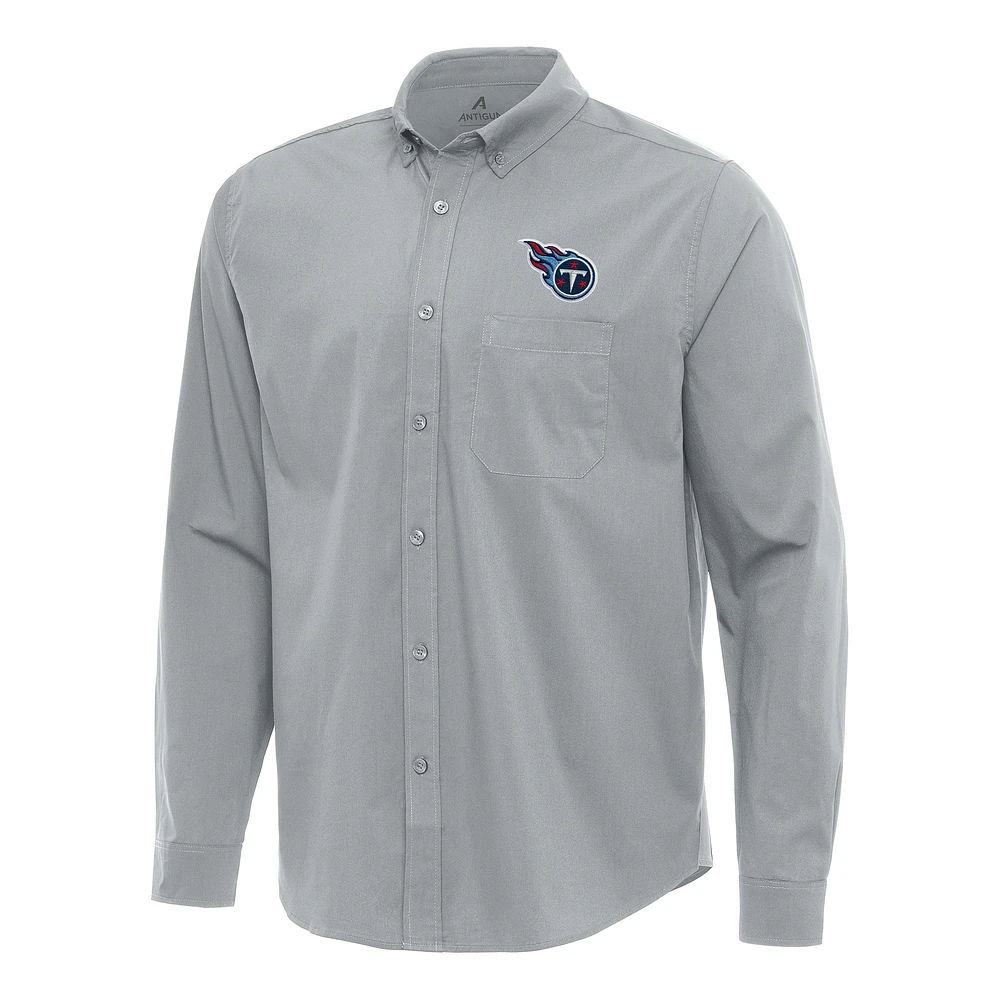 Men's Antigua Gray Tennessee Titans Flight Woven Tri-Blend Long Sleeve Button-Down Shirt