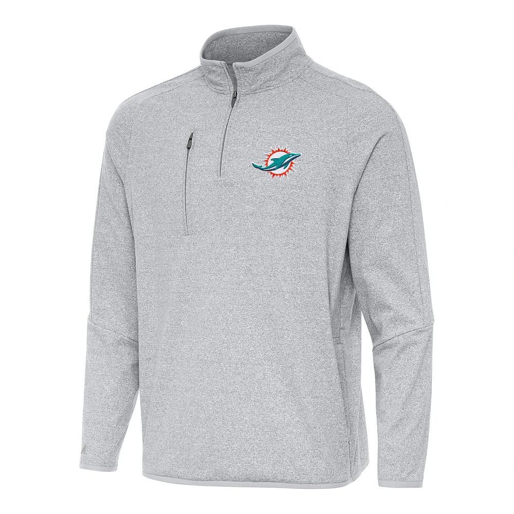 Men's Antigua Heather Gray Miami Dolphins Certain Tri-Blend Quarter-Zip Top