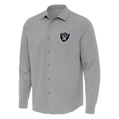 Men's Antigua Gray Las Vegas Raiders Exposure Woven Long Sleeve Button-Up Shirt