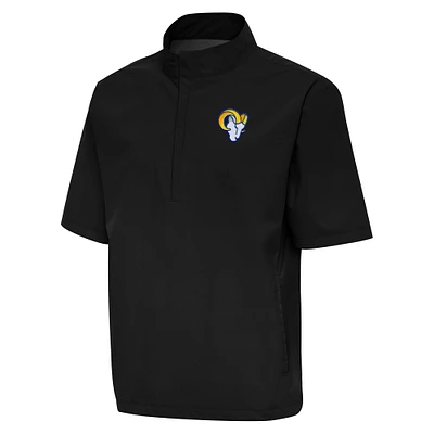 Men's Antigua Black Los Angeles Rams Brisk Short Sleeve Quarter-Zip Windshirt