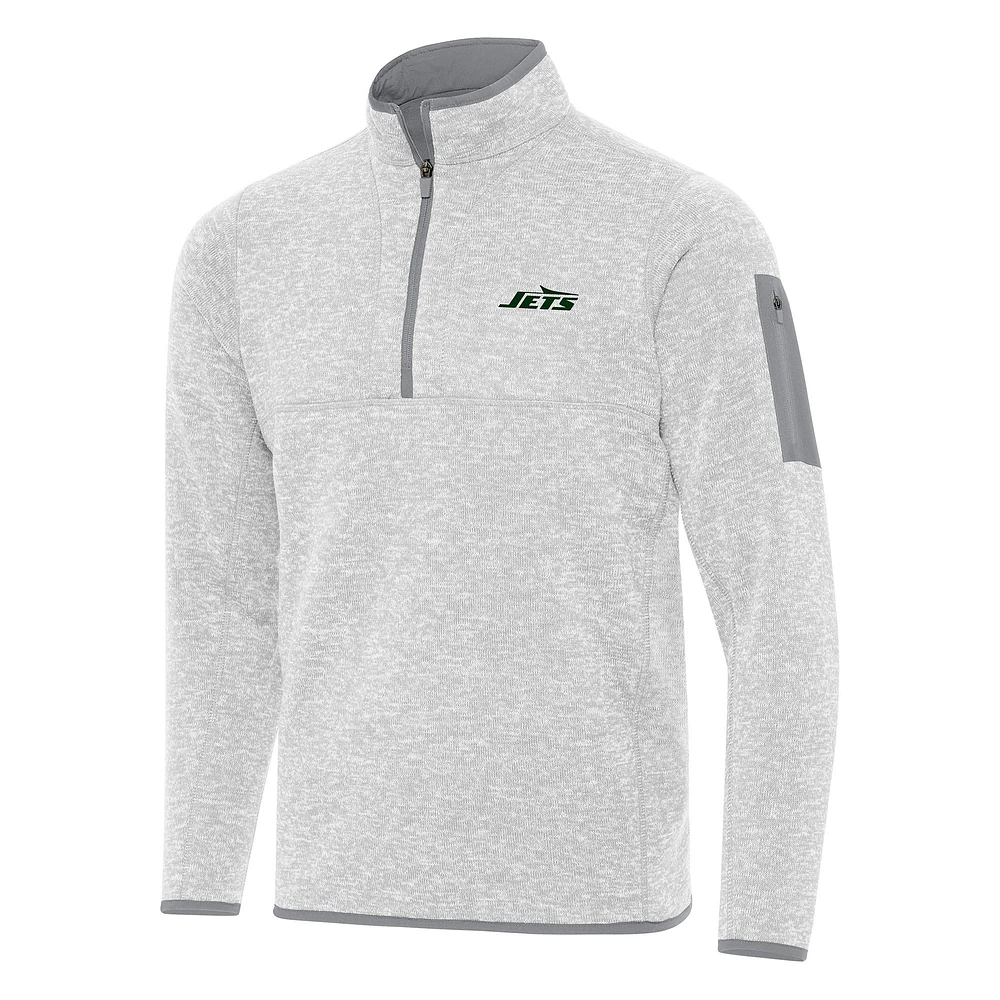 Men's Antigua Heather Gray New York Jets Fortune Quarter-Zip Pullover Jacket