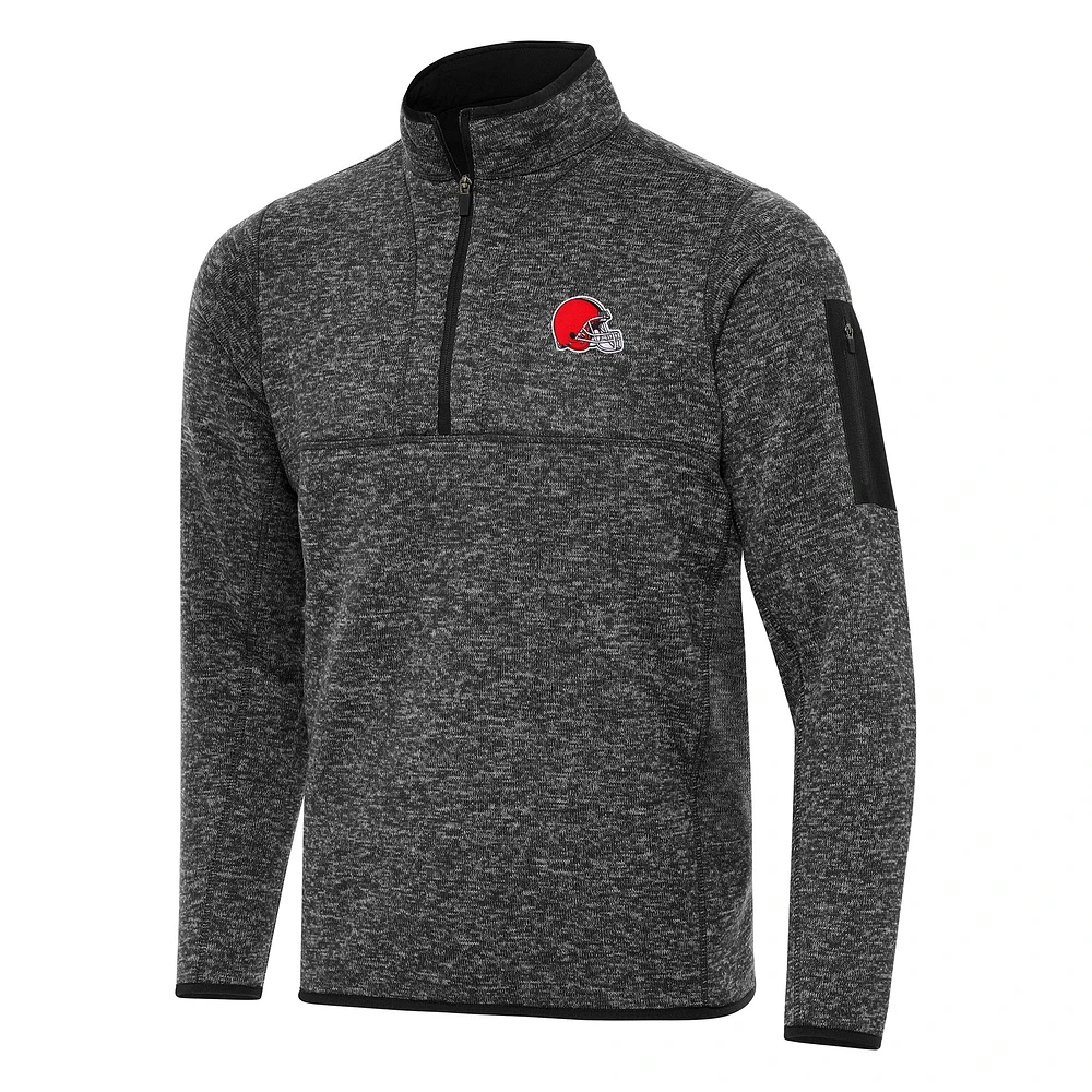 Men's Antigua Heather Black Cleveland Browns Fortune Quarter-Zip Pullover Jacket