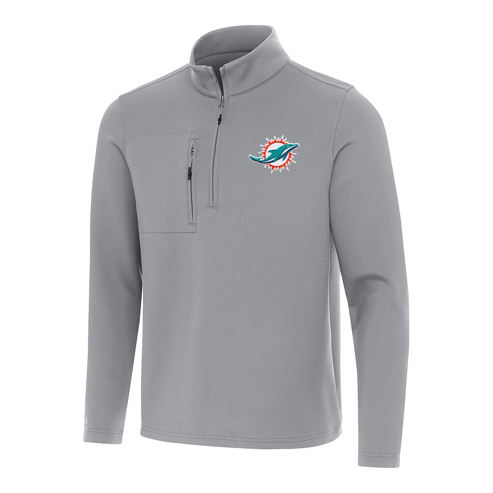 Men's Antigua Gray Miami Dolphins Insider Quarter-Zip Pullover Top
