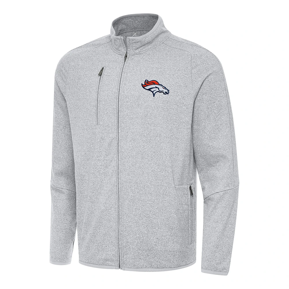 Men's Antigua Heather Gray Denver Broncos Hold-Up Tri-Blend Full-Zip Jacket