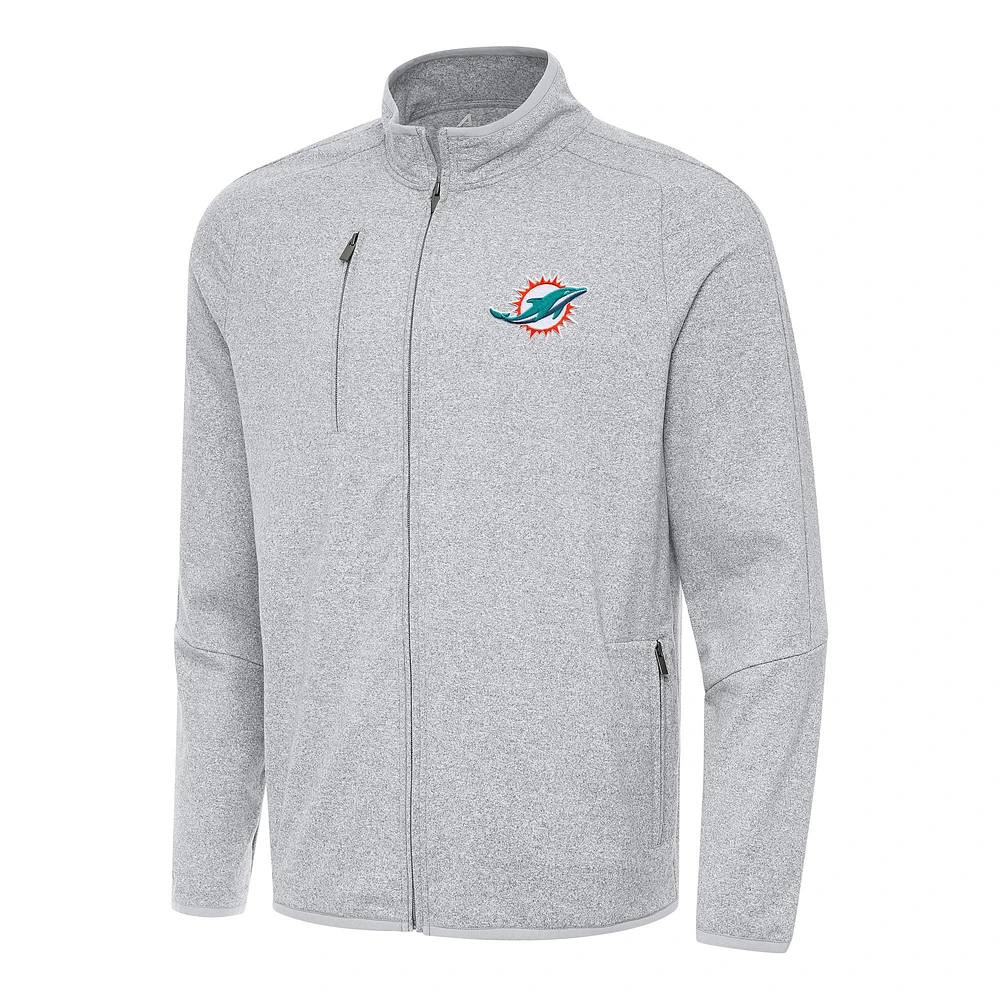Men's Antigua Heather Gray Miami Dolphins Hold-Up Tri-Blend Full-Zip Jacket