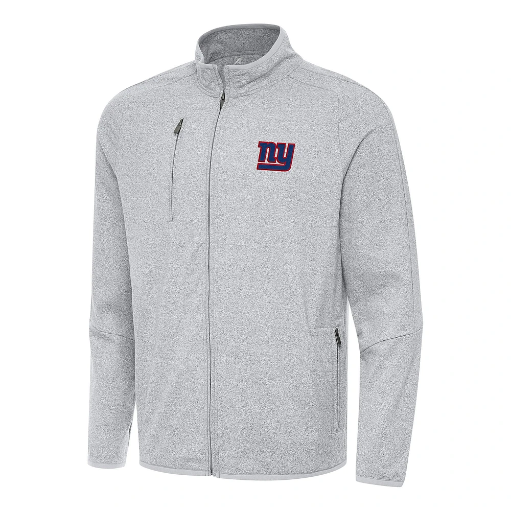 Men's Antigua Heather Gray New York Giants Hold-Up Tri-Blend Full-Zip Jacket
