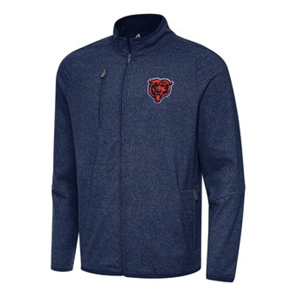 Men's Antigua Heather Navy Chicago Bears Bear Logo Hold-Up Tri-Blend Full-Zip Jacket