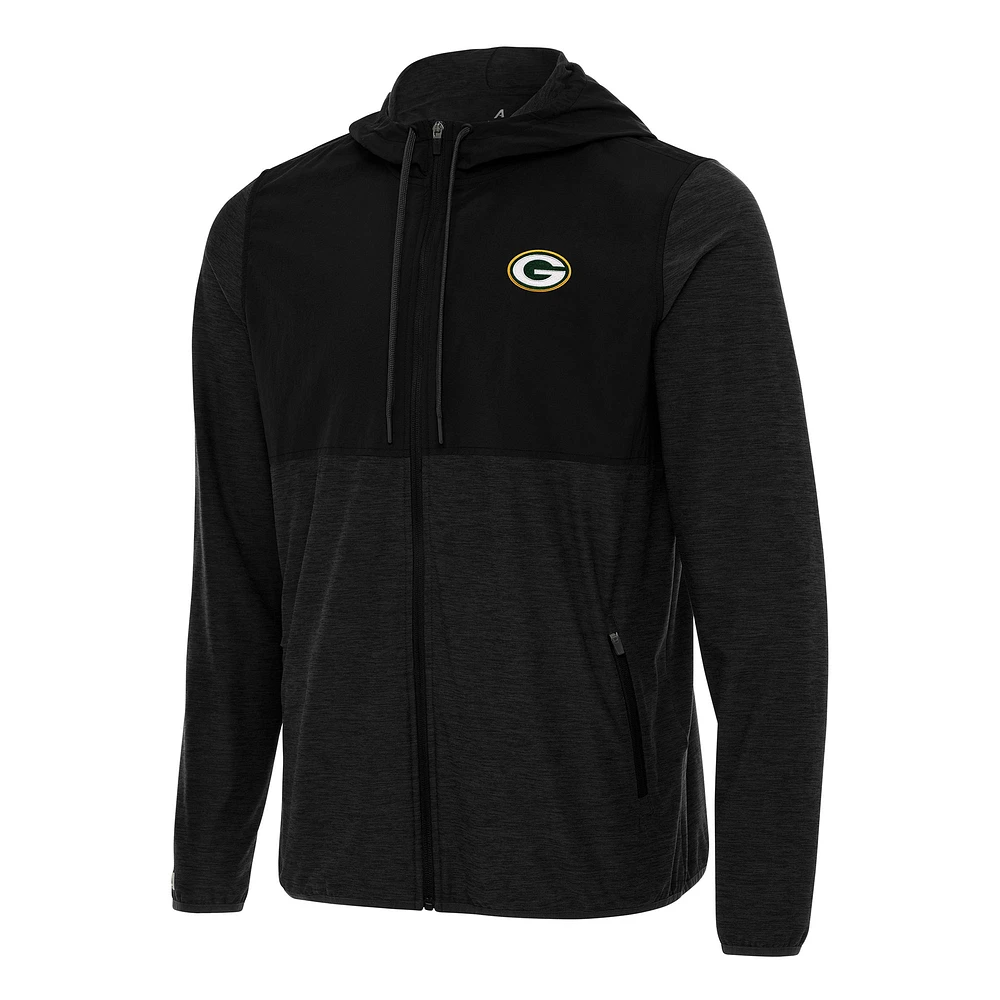 Men's Antigua Black/Charcoal Green Bay Packers Sway Full-Zip Hoodie