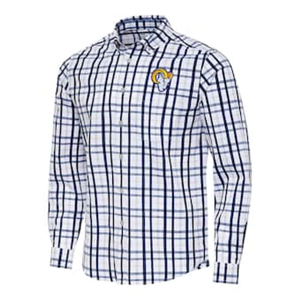 Men's Antigua Navy/Gray Los Angeles Rams Tending Woven Tri-Blend Long Sleeve Button-Down Shirt