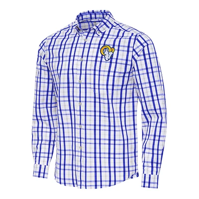 Men's Antigua Royal/Gray Los Angeles Rams Tending Woven Tri-Blend Long Sleeve Button-Down Shirt