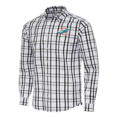 Men's Antigua Black/Gray Miami Dolphins Tending Woven Tri-Blend Long Sleeve Button-Down Shirt