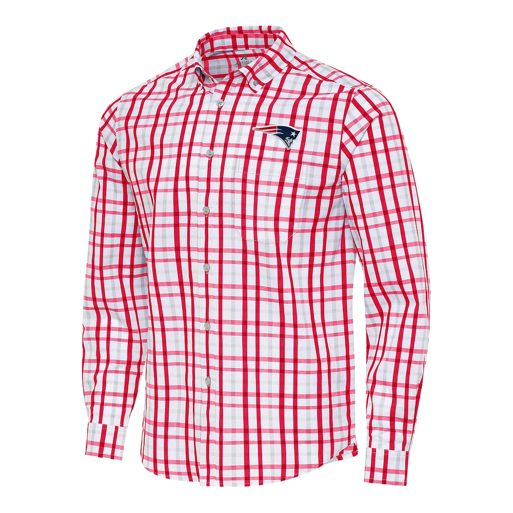 Men's Antigua Red/Gray New England Patriots Tending Woven Tri-Blend Long Sleeve Button-Down Shirt