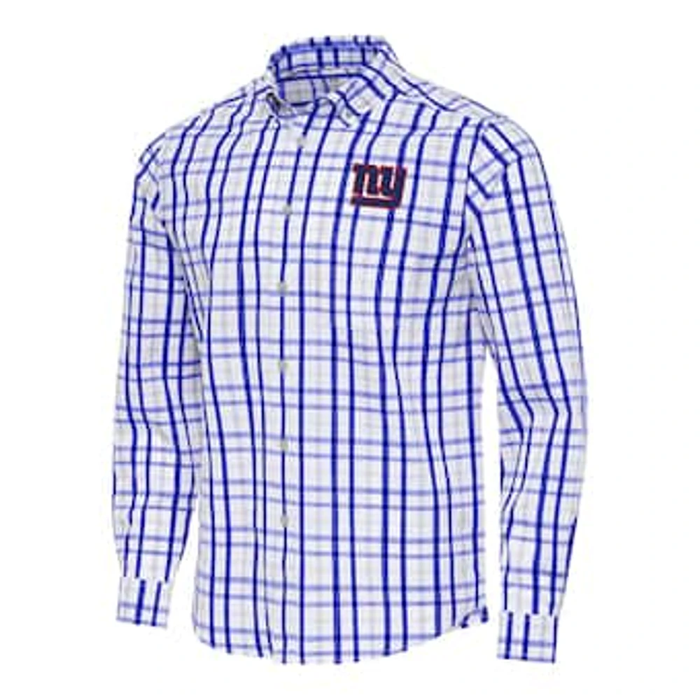 Men's Antigua Royal/Gray New York Giants Tending Woven Tri-Blend Long Sleeve Button-Down Shirt