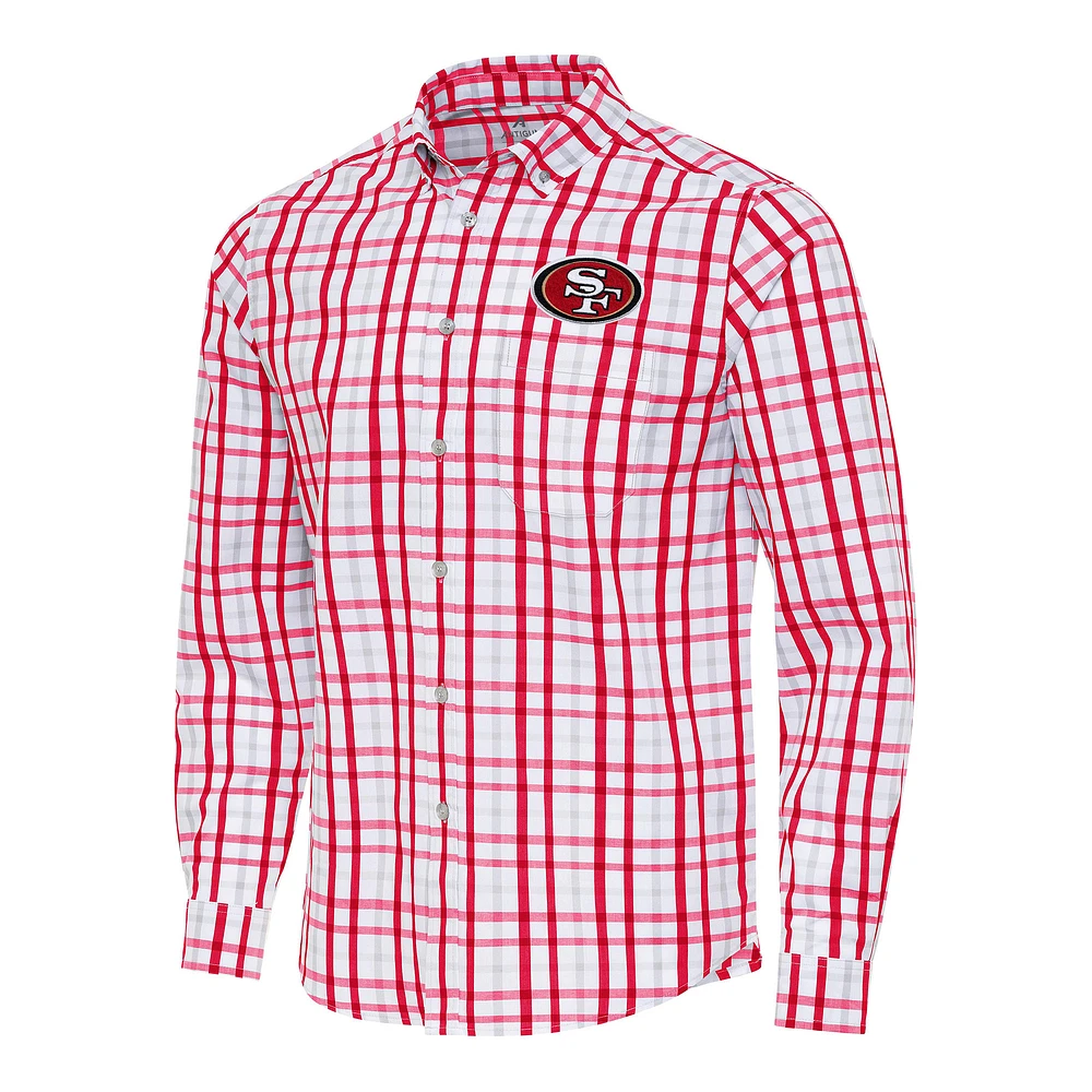 Men's Antigua Scarlet/Gray San Francisco 49ers Tending Woven Tri-Blend Long Sleeve Button-Down Shirt